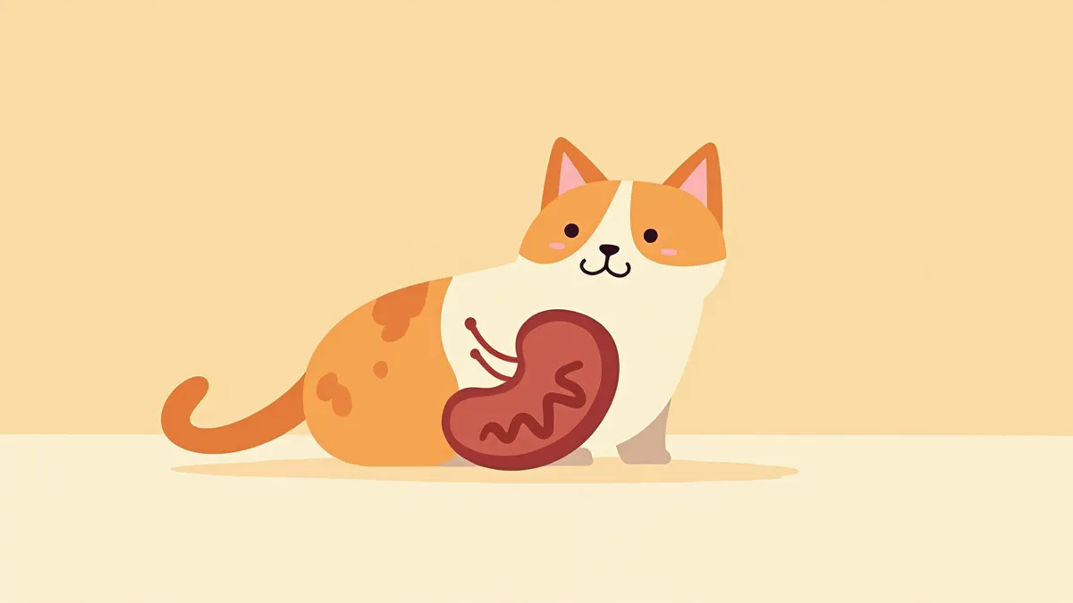 고양이 신장의 독성 손상 모습을 보여주는 의학적 일러스트