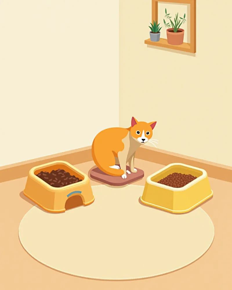 집 안 여러 공간에 분리 배치된 고양이 밥그릇과 화장실