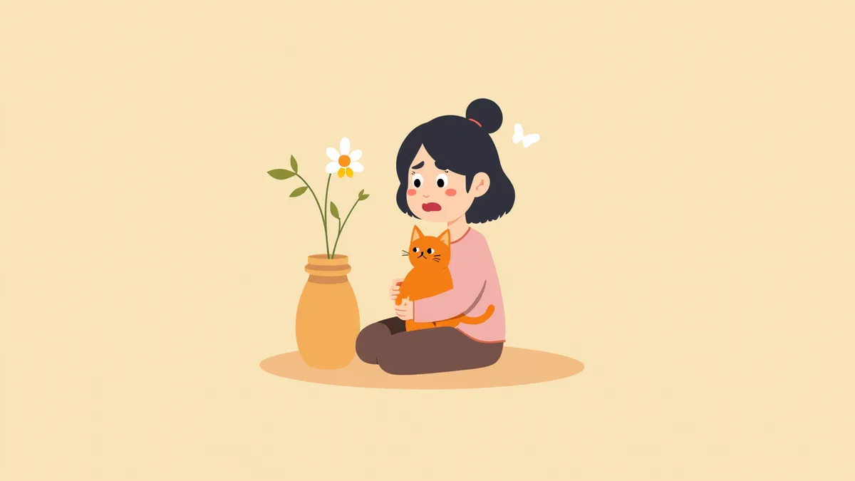 고양이 니코틴중독 응급 상황 — 걱정스럽게 고양이를 안고 있는 보호자
