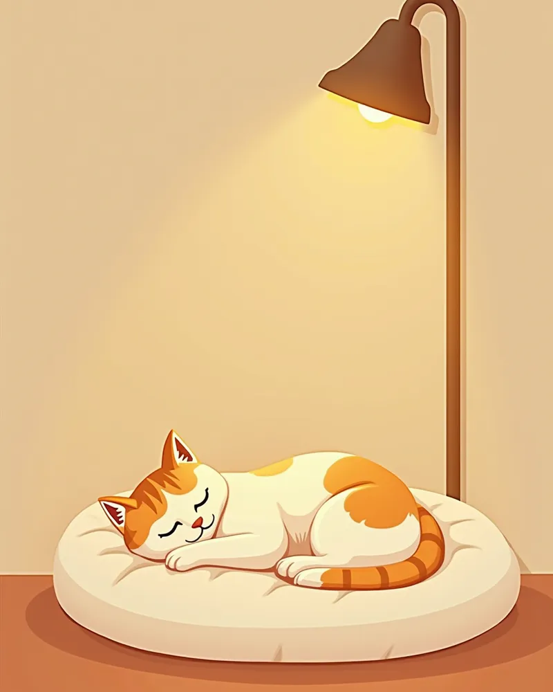 야간등 옆에서 쉬고 있는 노령 고양이