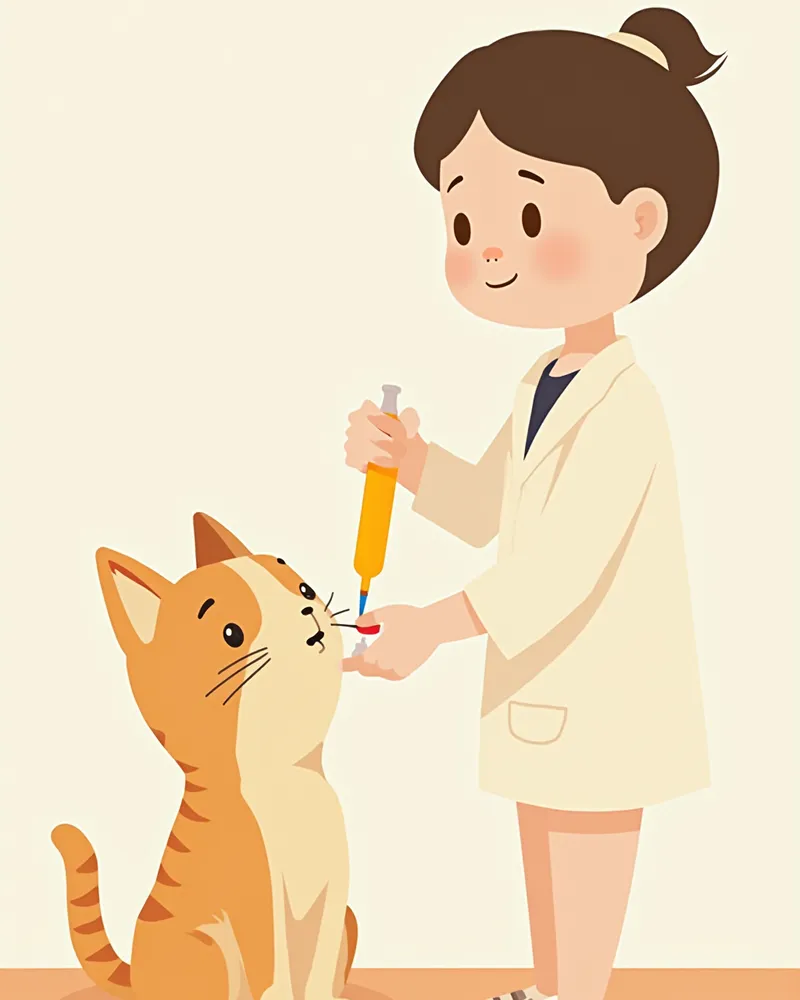 수의사가 고양이 약물 용량을 주사기로 정확히 측정하는 모습