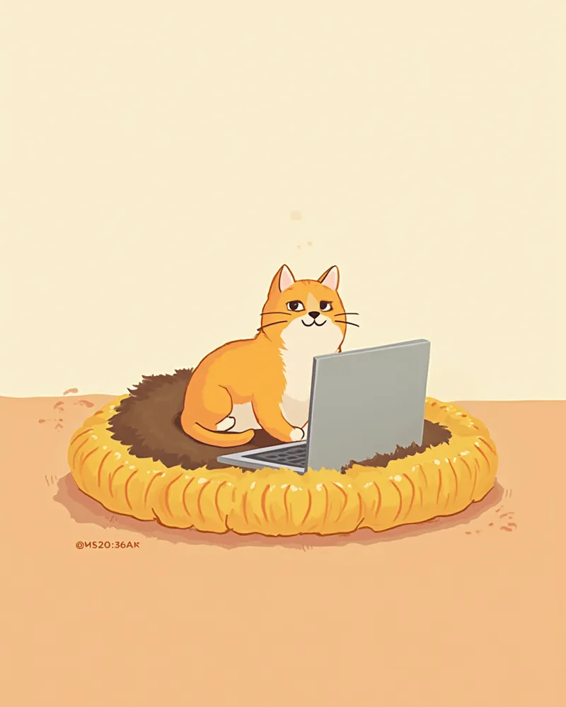 노트북 옆 전용 방석에 자리 잡은 고양이