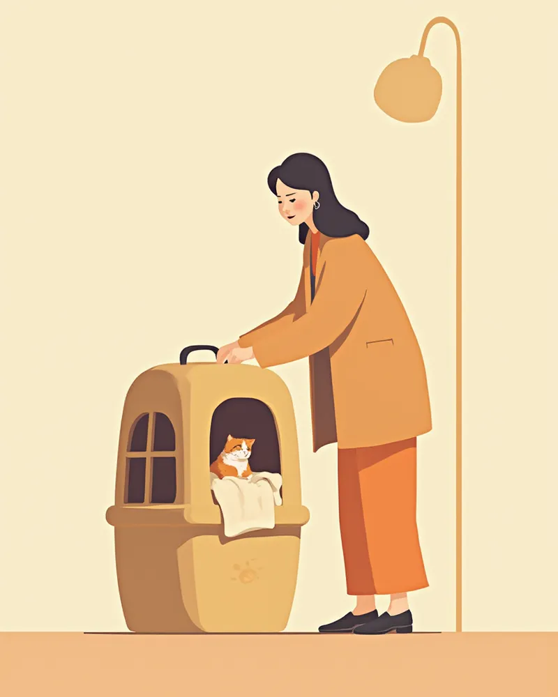 수건을 깐 이동장에 고양이를 조심히 넣는 보호자