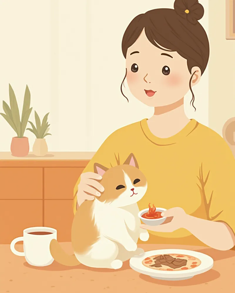 집에서 고양이에게 부드러운 음식을 먹이는 보호자