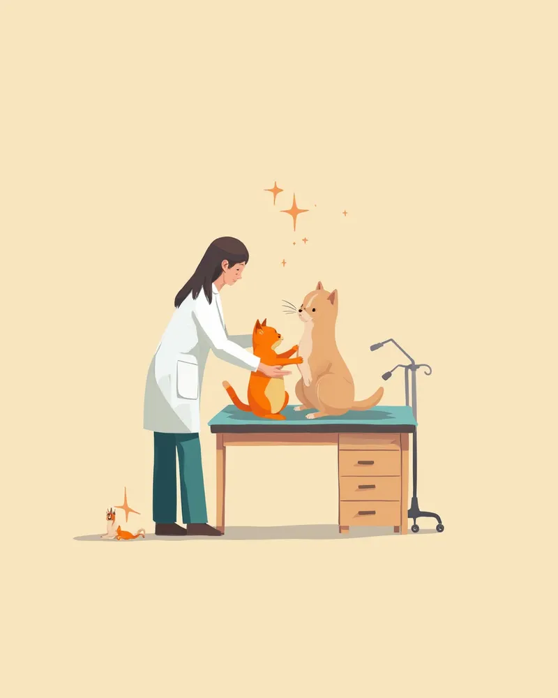 동물병원 진찰대에서 수의사가 고양이 뒷다리 관절을 검사하는 모습