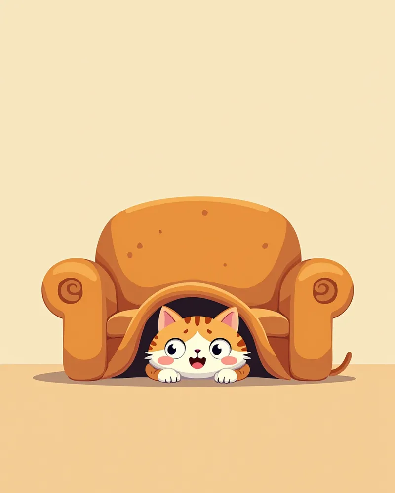 소파 아래 숨어서 스트레스받고 있는 고양이
