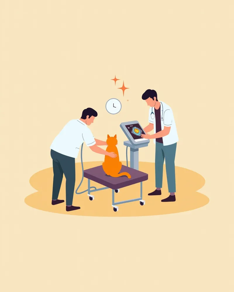 고양이의 복부 초음파 검사를 하는 수의사