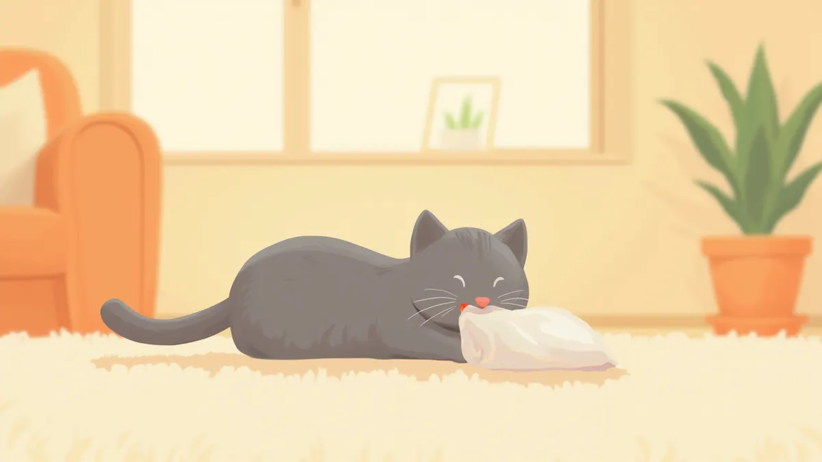 비닐봉지를 핥는 회색 태비 고양이