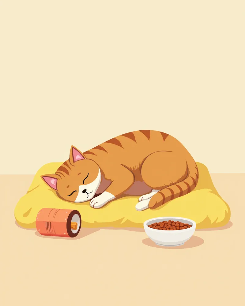 조용한 실내에서 편안히 누워 있는 고양이, 처방 식사가 옆에 있음