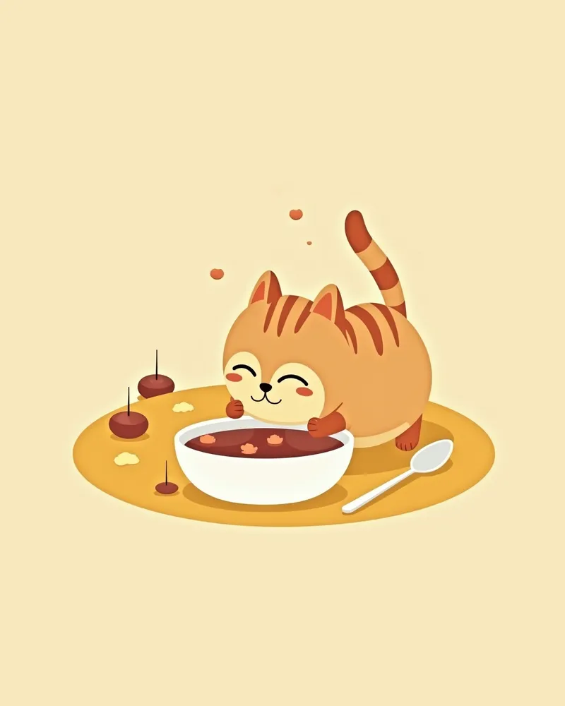 고양이 부드러운 음식 먹는 모습, 스푼 옆에 있음