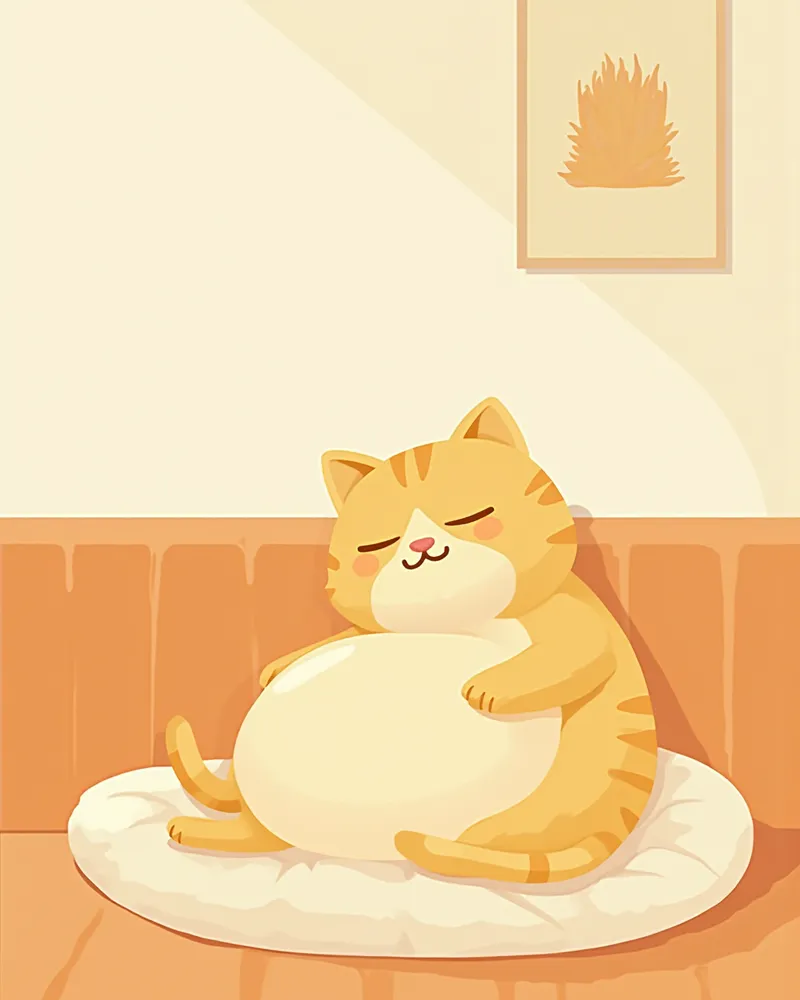 임신한 고양이가 옆으로 누워 부푼 배를 보이고 있는 모습