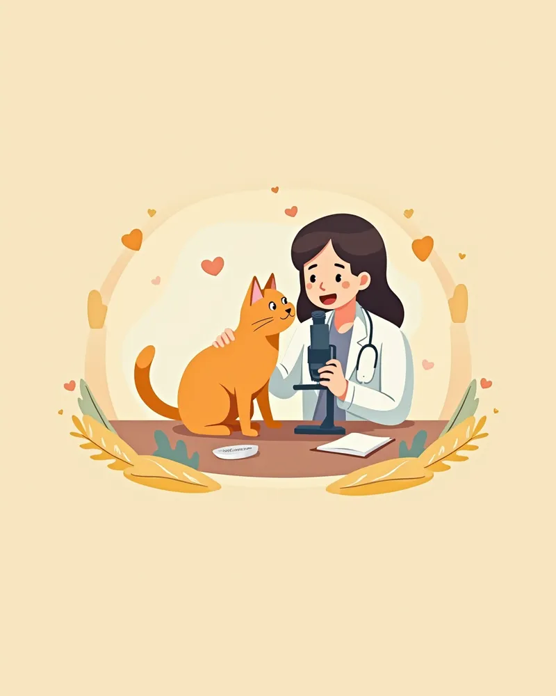 수의사가 고양이 소변을 현미경으로 검사하는 모습