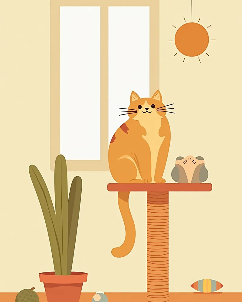 캣타워에서 창밖을 바라보며 안정된 고양이 — 환경 풍부화 예시