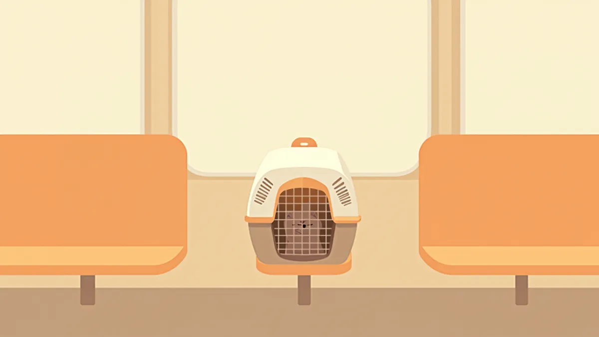กระเป๋าเดินทางแมวที่ระบายอากาศได้ดีวางอยู่บนที่นั่งรถไฟใต้ดิน