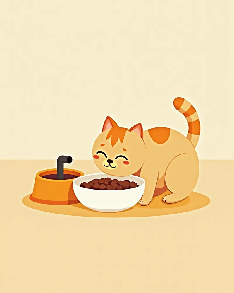 요로 건강 전용 사료를 먹는 고양이, 물 분무기 옆에 있음
