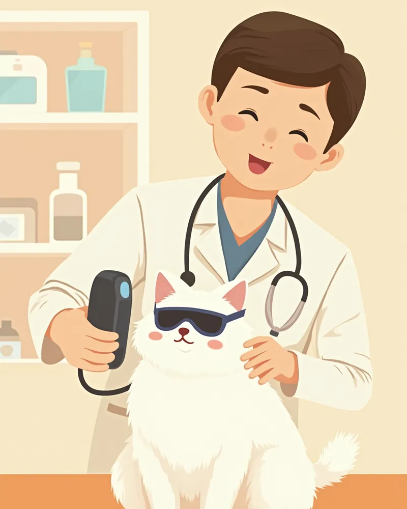 저출력 레이저 치료를 받는 흰 고양이