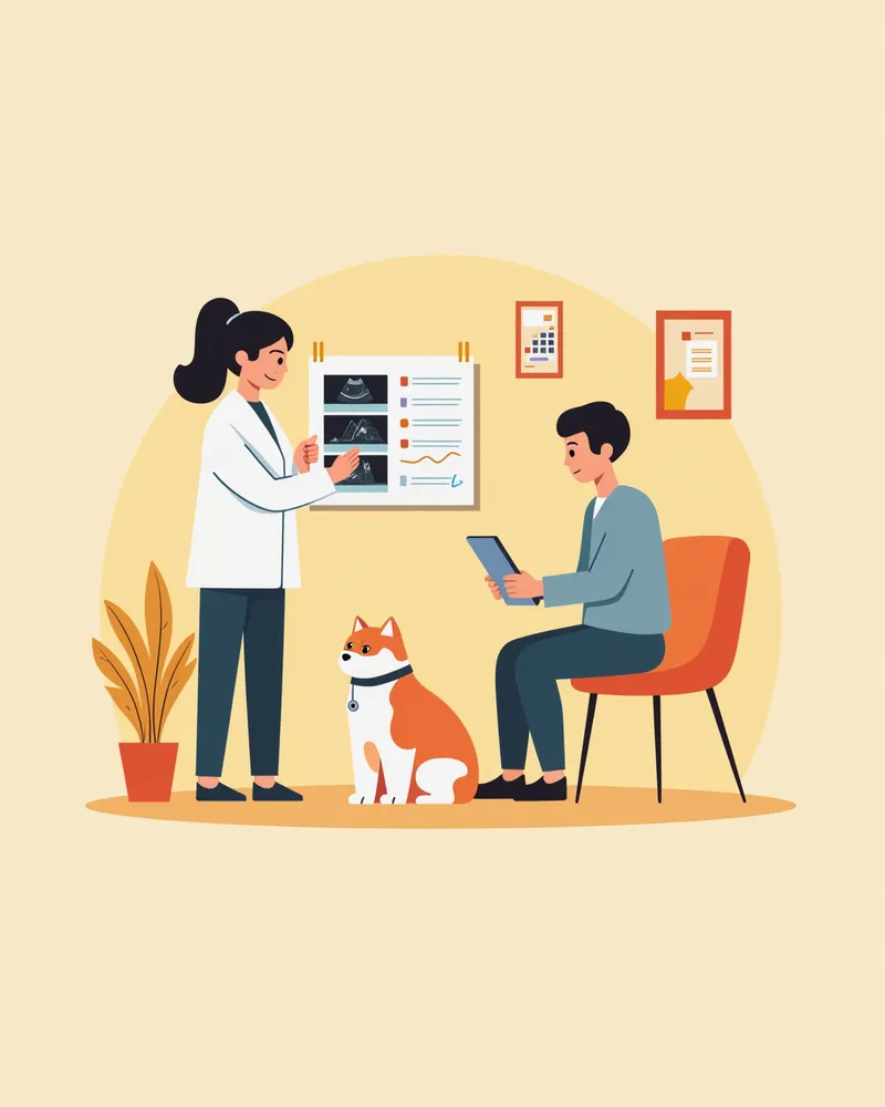 수의사가 고양이 주인과 치료 계획을 논의하고 있는 모습, 초음파 영상과 처방전을 보여주고 있어요