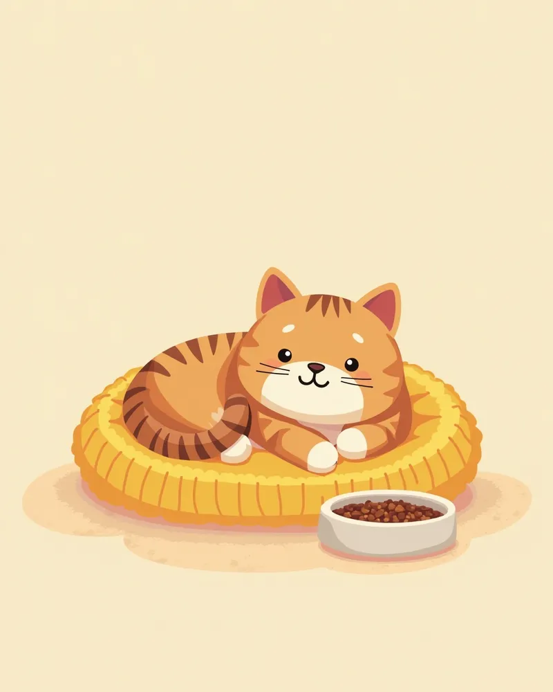따뜻한 조명 아래 고양이 전용 침대와 사료, 물 그릇이 준비된 공간