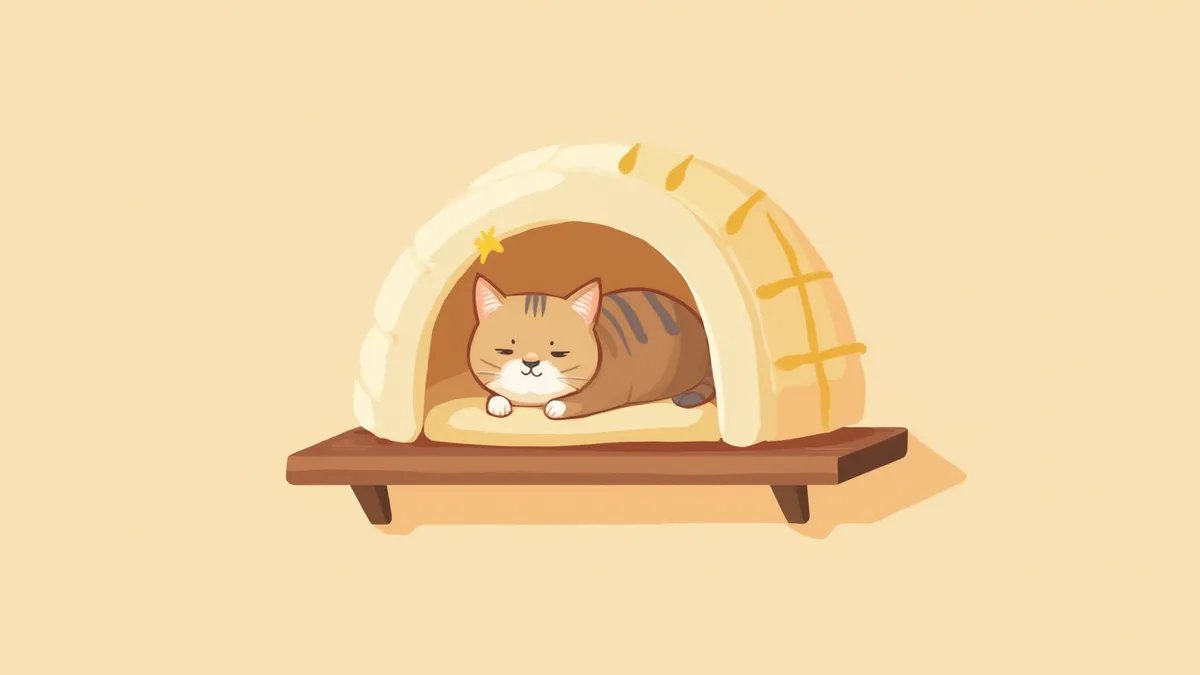 선반 위 이글루 쉼터에서 편안히 쉬고 있는 고양이