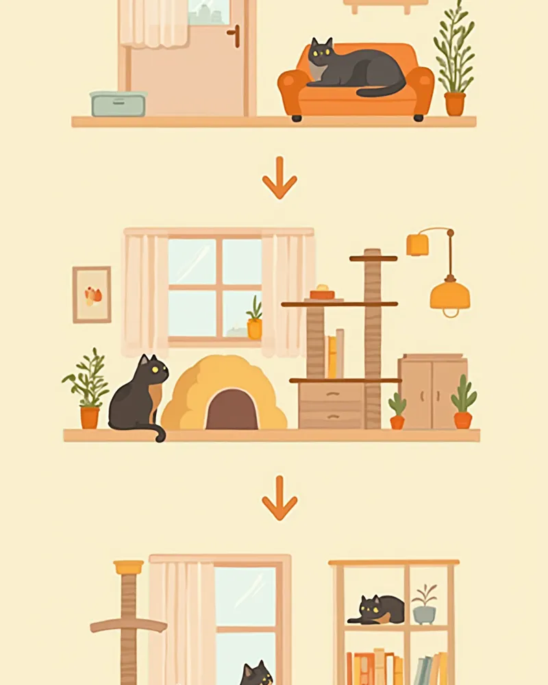 실내 고양이 휴식 공간 3요소를 보여주는 단면 일러스트