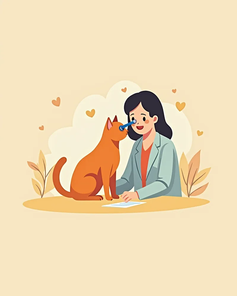 수의사가 고양이의 눈에 망막 검사기를 사용하는 모습, 전문적인 진료 환경
