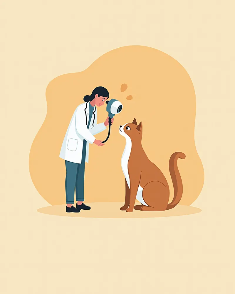 수의사가 고양이 눈을 안과 망막 검사기로 검사하는 장면
