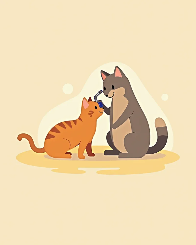 수의사가 고양이 눈을 안과 검사기로 검사하는 장면