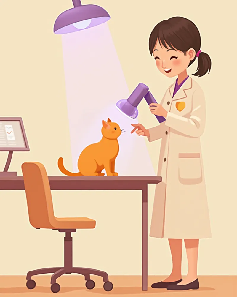 우드등 검사로 고양이 피부를 확인하는 수의사