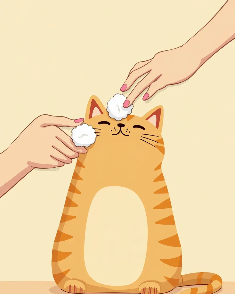 사람이 고양이 눈 주변을 부드럽게 닦는 모습