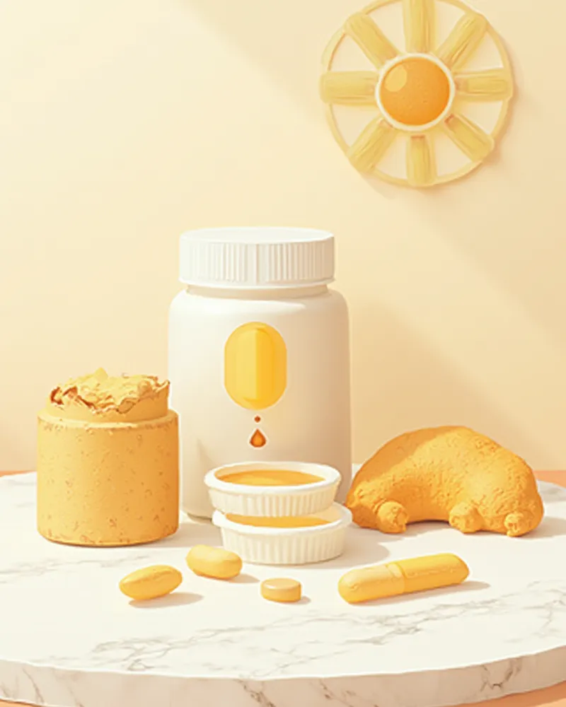 흰 대리석 위에 정돈된 녹색입홍합 분말, 어유 캡슐, 글루코사민 분말