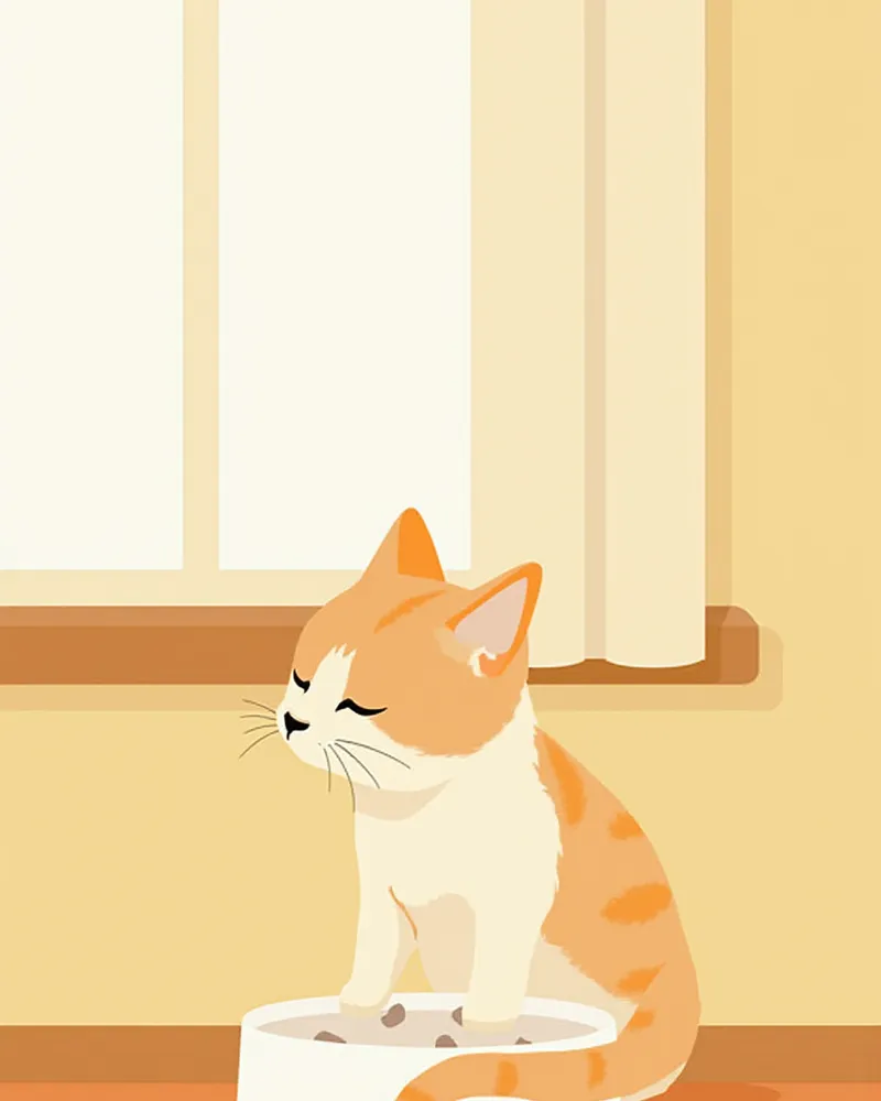 창가에서 사료를 먹고 있는 건강한 고양이