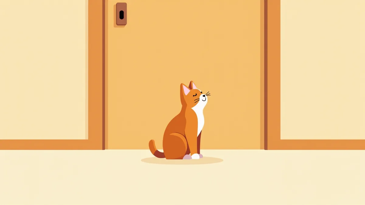 현관문 앞에서 혼자 기다리는 불안한 고양이