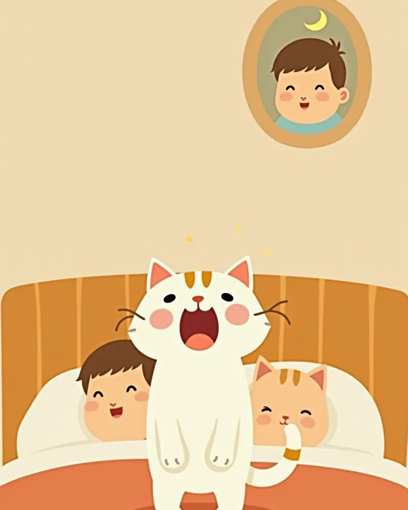 밤에 침대 위에서 크게 우는 고양이
