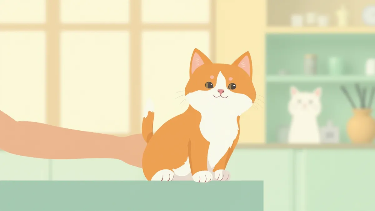 수의사에게 안겨 차분히 진료받는 어린 고양이