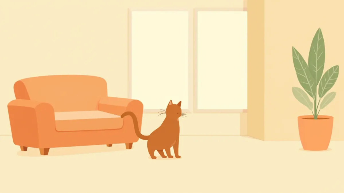 밝은 거실에서 꼬리를 세우고 서 있는 고양이