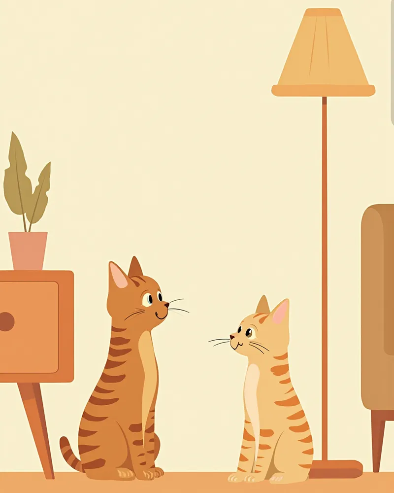 거실에서 긴장된 자세로 마주 보고 있는 두 마리 고양이