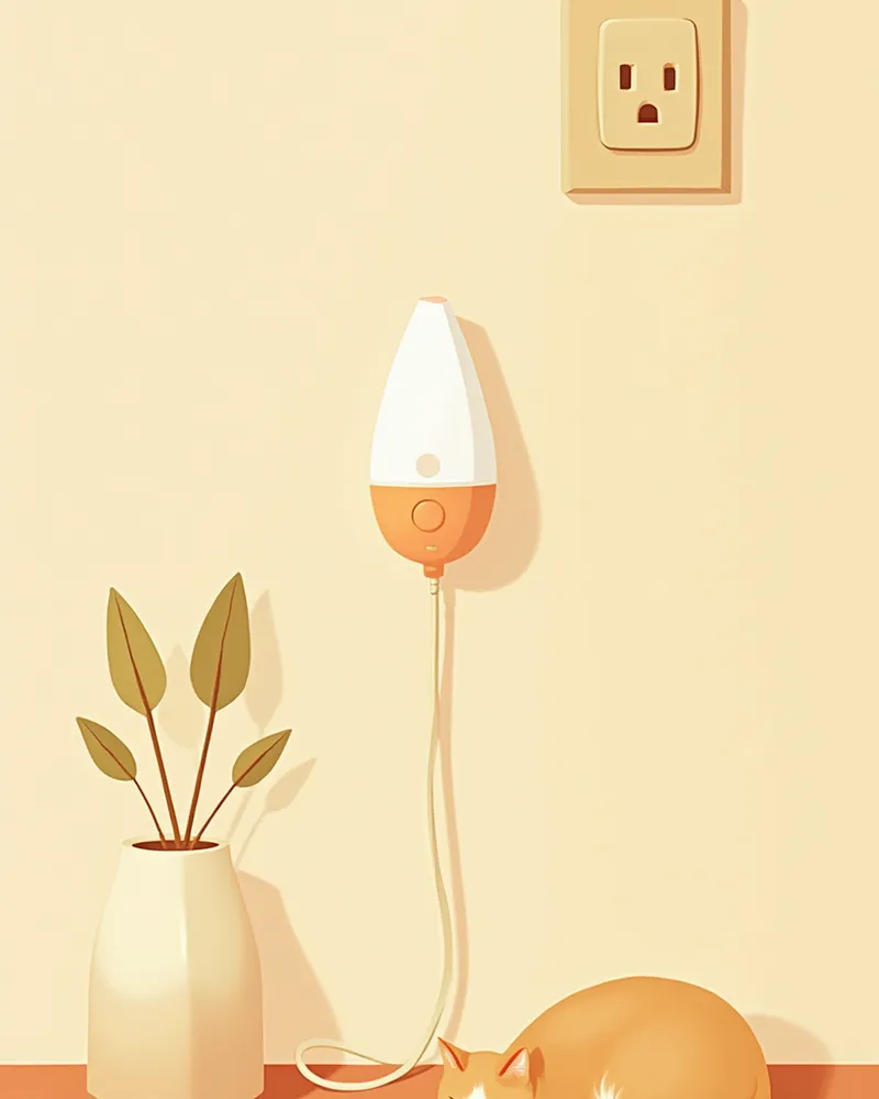 벽에 꽂힌 페로몬 디퓨저 근처에서 편안하게 쉬고 있는 고양이