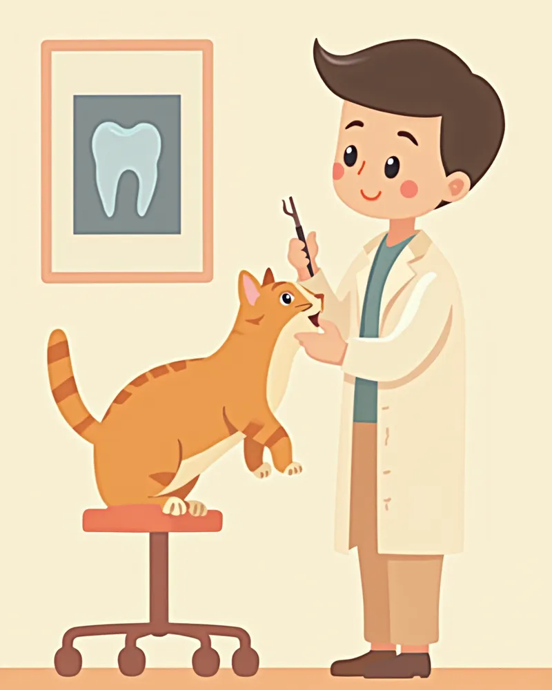수의사에게 구강 정밀 검사를 받는 고양이 일러스트