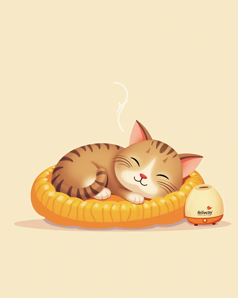Feliway 디퓨저 옆에서 편안히 누워 있는 고양이의 모습