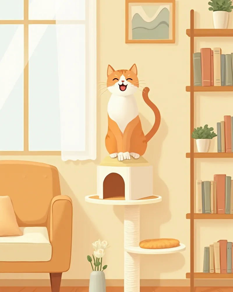 캣타워 위에 편안하게 앉아 있는 고양이