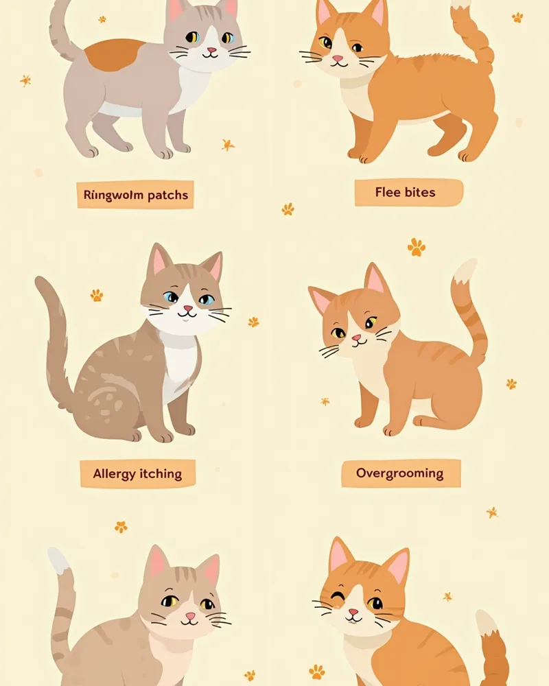 고양이 털빠짐 주요 원인 4가지를 보여주는 일러스트