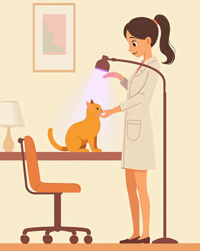 수의사가 고양이에게 우드램프 검사를 진행하는 모습