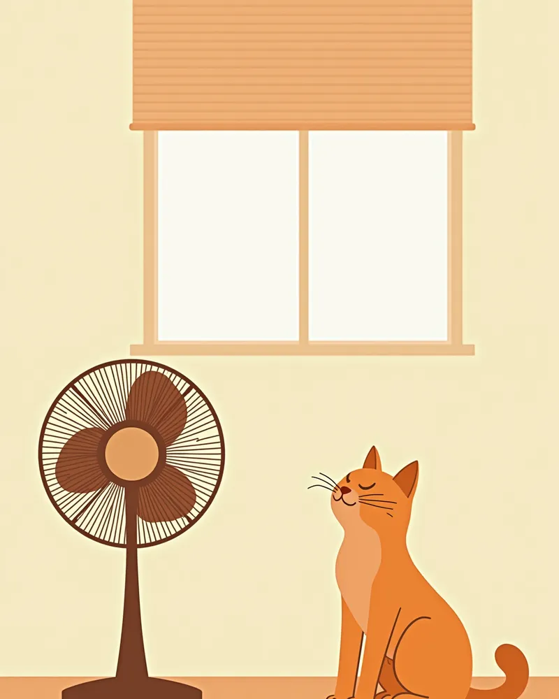 선풍기 옆에 타일 바닥에 앉아 있는 고양이, 햇빛을 차단한 커튼이 있는 실내