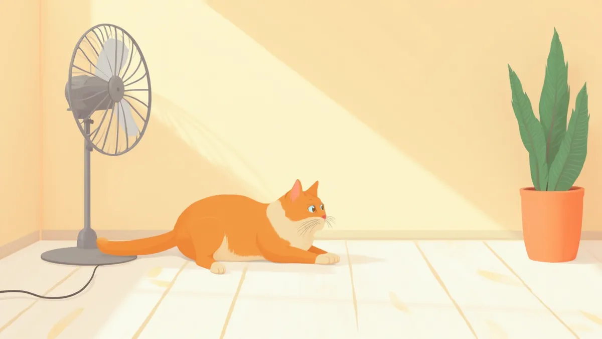 선풍기 옆 시원한 바닥에서 쉬고 있는 페르시안 고양이