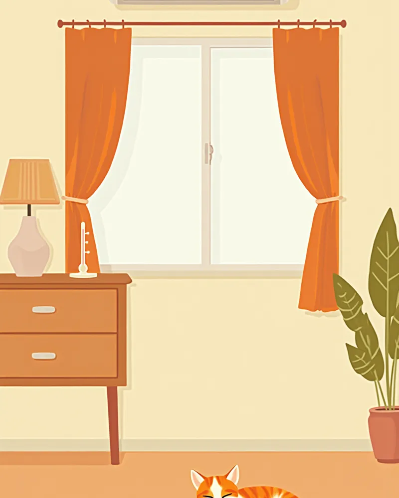 에어컨과 암막 커튼으로 온도 관리된 거실