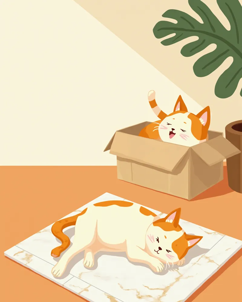 대리석 쿨매트와 그늘진 숨을 곳에서 쉬는 고양이