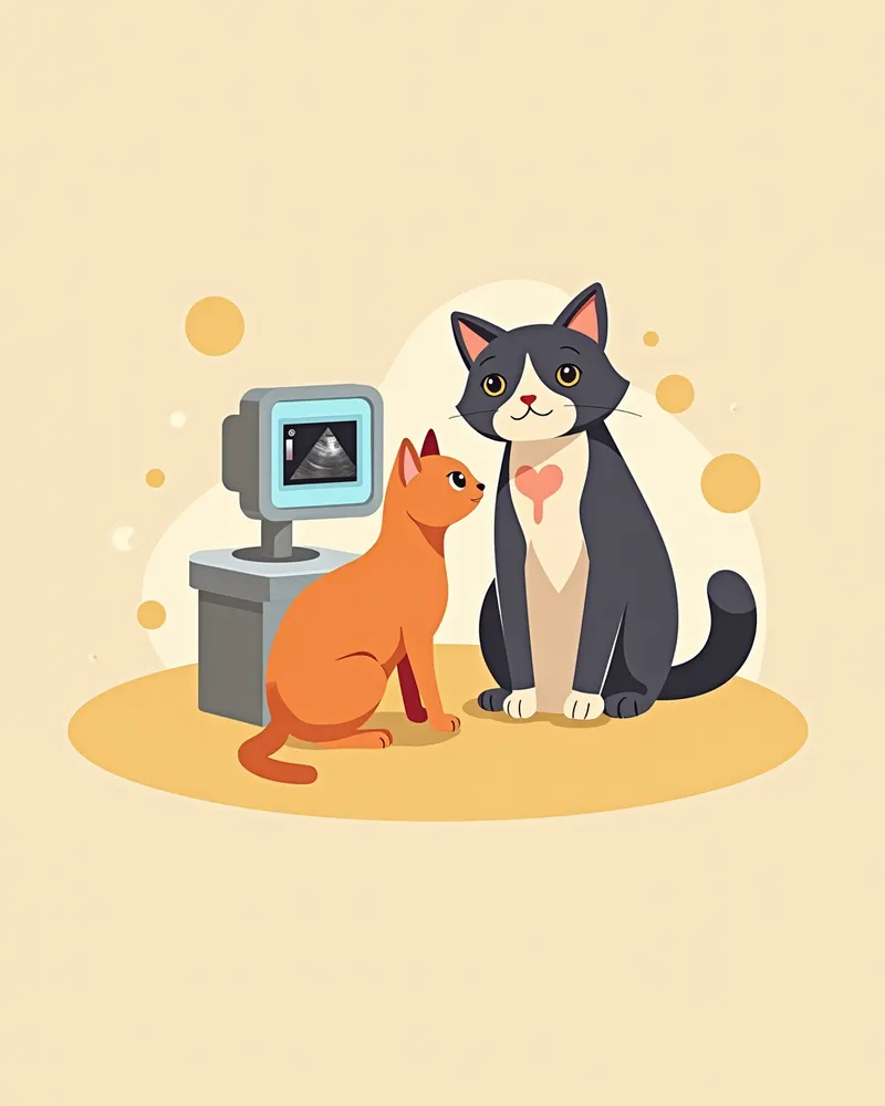 수의사가 고양이 목 부위에 초음파를 하는 모습, 화면에 갑상선 이미지가 보이는 장면