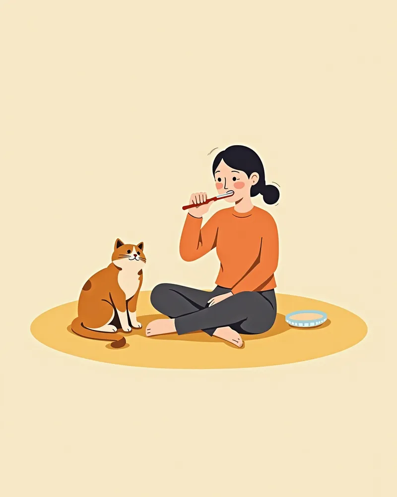고양이와 보호자가 함께 칫솔질하는 모습