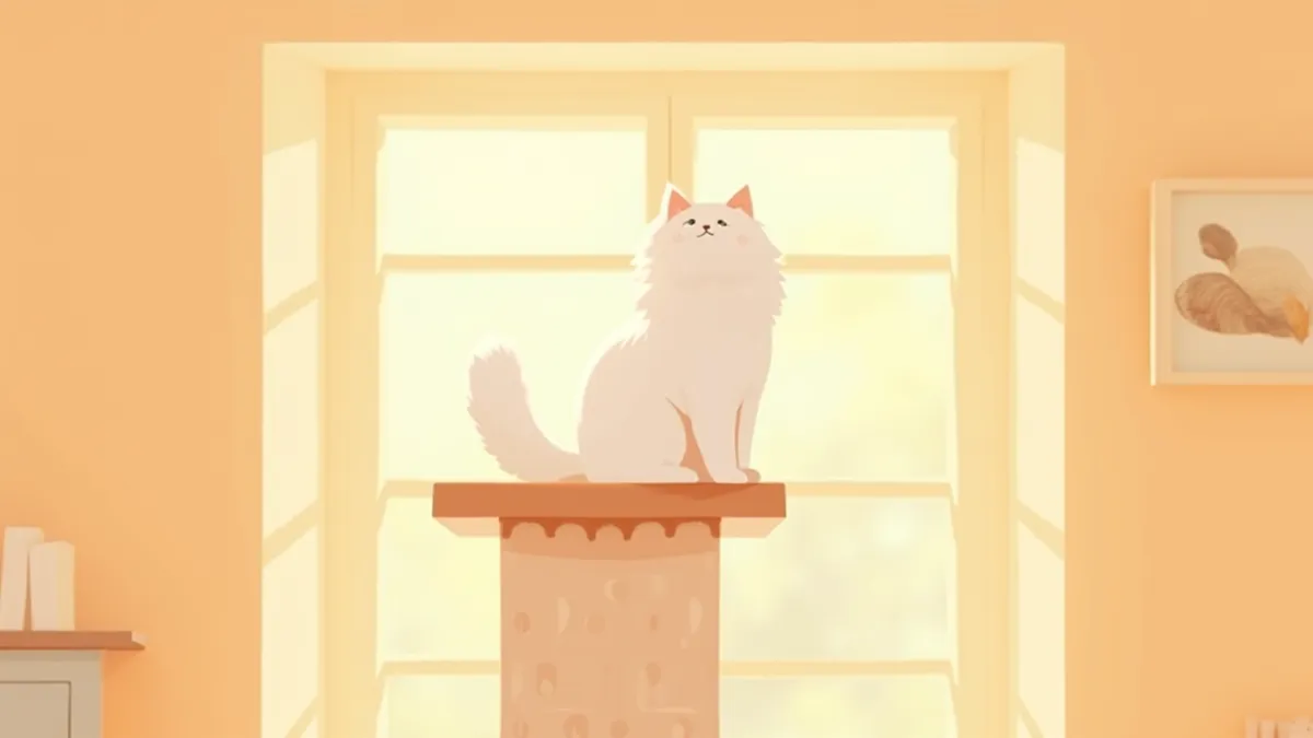 캣타워 꼭대기에서 창밖을 보는 고양이