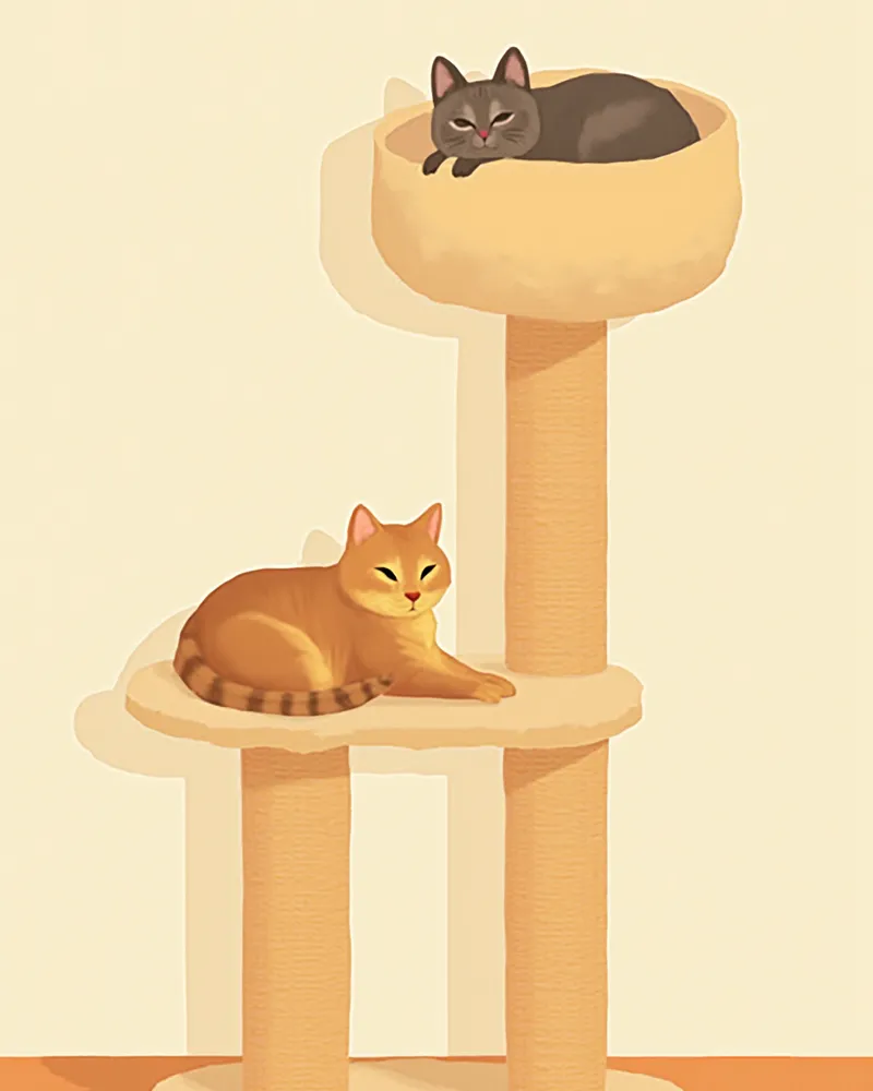 다층 캣타워에서 각자 쉬고 있는 두 마리 고양이